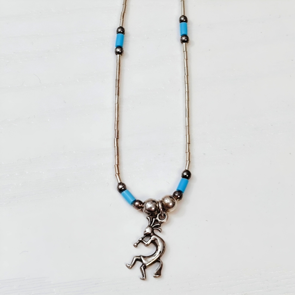 Sun West Silver Sterling Liquid, Turquoise, Ball bead Kokopelli Necklace 16"